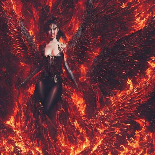 Prompt: beautiful human female angel Lucifer marching, gates of heaven, armies, red fires, super detailed, cinematic, hyper realistic, dark, wet, perspective, ferro fluid, stars, molten, spikey shard angel wings, black armor, occidental, 