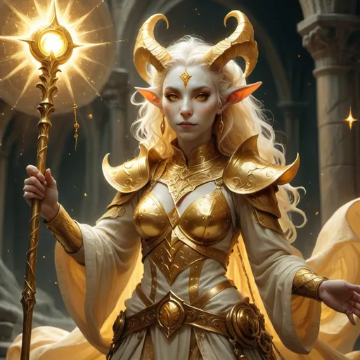 Prompt: Female tiefling cleric, ethereal charm, white skin, adorned in majestic gold clothes that shimmer with divine grace, holding a striking gold staff with intricate designs, surrounded by a mystical, celestial aura, soft light illuminating the scene, ethereal atmosphere, HD quality, fantasy realm backdrop with arcane symbols fading into the background.