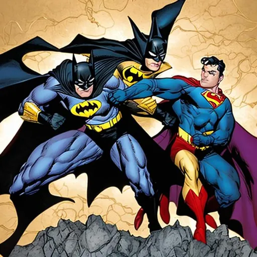 Prompt: gold plated batman fighting bizarro superman
