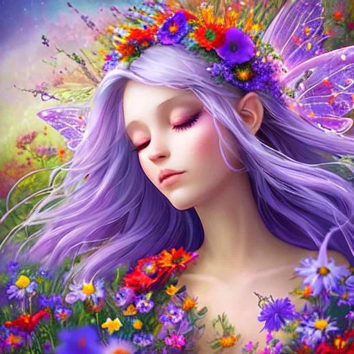 Prompt: fairy goddess of wildflowers ethereal,dreamscape, vivid colors, closeup