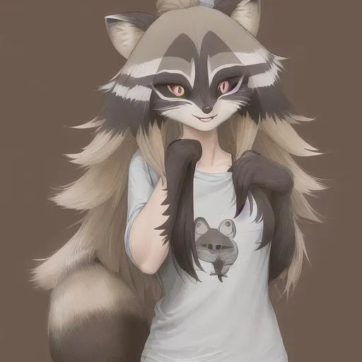 Prompt: Anthropomorphic female Raccoon with long hair and having the natural colors of a real raccoon - wearing a shirt - 4K resolution