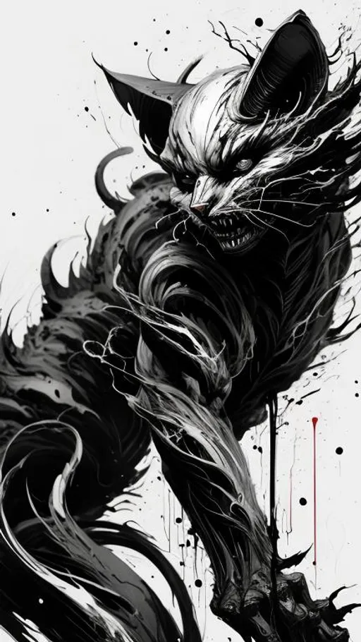 Prompt: Demon Cat negative black and white Speedpaint with large brush strokes by , Junji Ito, Ismail Inceoglu, , Gazelli, M.W. Kaluta, richard anderson, paint splatter, white ink, a masterpiece, 8k resolution, trending on artstation, horror, terrifying, highly detailed and intricate