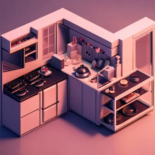 Prompt: Tiny cute isometric kitchen in a cutaway box, cyberpunk, soft smooth lighting, soft colors, 100mm lens, 3d blender render