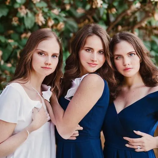 Prompt: Professional photograph, family portrait, formal attire, identical, sisters, adult women, triplets, Identical triplets, professional photograph, natural lighting, 

