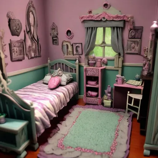 Prompt: Dollhouse bedroom in the style of Tim Burton 