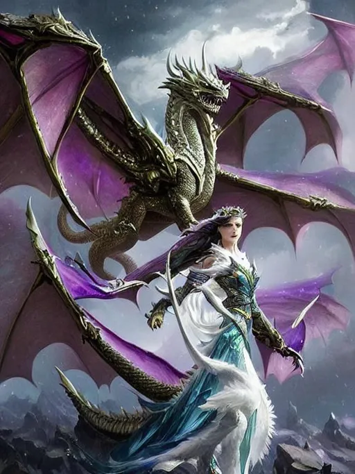 Prompt: A  beautiful white dragon queen, pearlescent white skin, stunning symmetrical  beautiful face, violet iridescent eyes, popped up colar cape made of dragon iridescent white scales art by greg rutkowski, sung choi, artgerm, pino daeni, karol bak, cushart, wlop, craig mullins, hyperdetailed, perfect composition, super clear definition, unreal engine, dramatic makeup, silver shining silky white hair