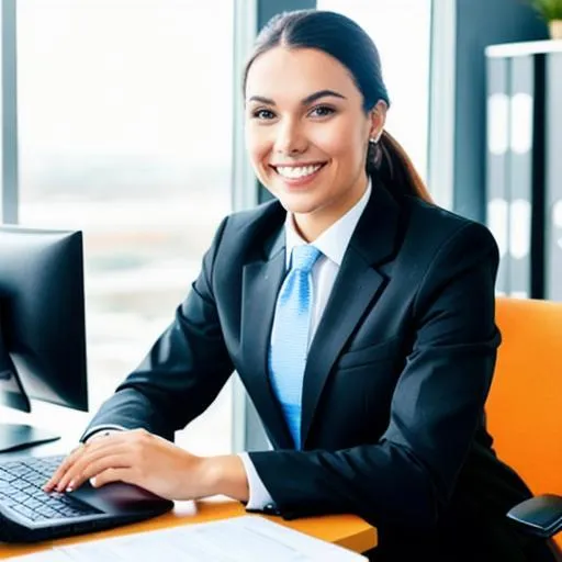 Prompt: a business person sitting in an office looking happy