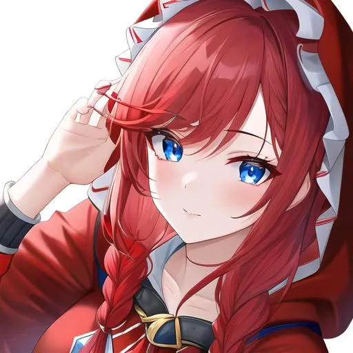 Prompt: Haley 1female (braided red hair pulled back, lively blue eyes), highly detailed face, 8K, UHD, wearing a red riding hood outfit