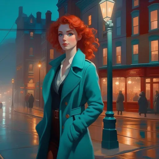 Prompt: Third person, gameplay, Canadian girl, pale skin, freckles, curly red hair, teal eyes, 2020s, smartphone, streets of Quebec City at night, fog, blue atmosphere, cartoony style, extremely detailed painting by Greg Rutkowski and by Henry Justice Ford and by Steve Henderson 

