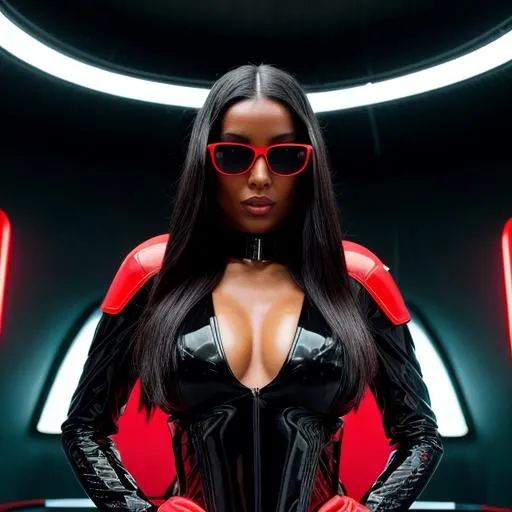 Prompt: Beautiful woman from a random country, futuristic black sunglasses wearing a red and black latex futuristic avant-garde dress, in a neon catholic chapel, highly detailed, ambient light, red lights, middle distance, provocative.