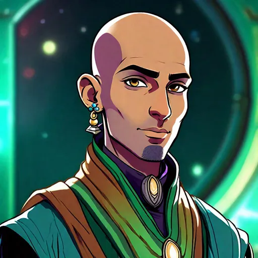 Prompt: Male young arab adult, who is a sci-fi merchant in space. He wears garments in peacock colors, has a bald shaven head, wears an earring and feminin makeup. He has a wooden amulett around his neck