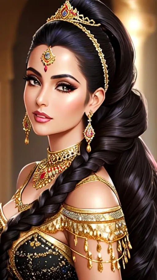 Prompt: In this hyperrealistic oil painting, a gorgeous Arabic princess is depicted in all her splendor. She stands tall and proud, her voluminous braid ponytail hair cascading down her back. She wears a black lace evening dress, with delicate silk fabric draped across her shoulders. Diamond earrings glitter in her ears, and she exudes an air of majesty and power.

The portrait is done in a style reminiscent of Fabian Perez and Tom Bagshaw, with a hyper cinematic plan and comic book influences. The woman's symmetrical features are perfectly rendered, with a face that is both striking and beautiful. Her large mammaries are also emphasized, adding to her allure and sensuality.

The painting is incredibly detailed, with intricate patterns on the woman's dress and an incredible attention to detail on her face. The use of complementary colors creates a fantastical and dramatic effect, while the deep colors add depth and richness to the overall piece. The background is a very detailed matte painting of a palace, with volumetric lighting that adds a sense of grandeur and elegance.

The artwork is created using digital painting techniques, with a focus on hyperrealism and 8K HDR resolution. The use of ray tracing render and 5D technology creates a stunning visual experience that is both immersive and realistic. The painting is designed to be viewed in VR, with the Unreal Engine 5 providing the perfect platform for showcasing the artwork.

Overall, this hyperrealistic oil painting is a masterpiece of fantasy concept art that is sure to impress. It is a true work of art that showcases the incredible talent of artists such as Herb Ritts, Olga Shvartsur, and Svetlana Novikova. It is currently trending on Artstation, with many fans raving about the incredible detail and beauty of the piece.