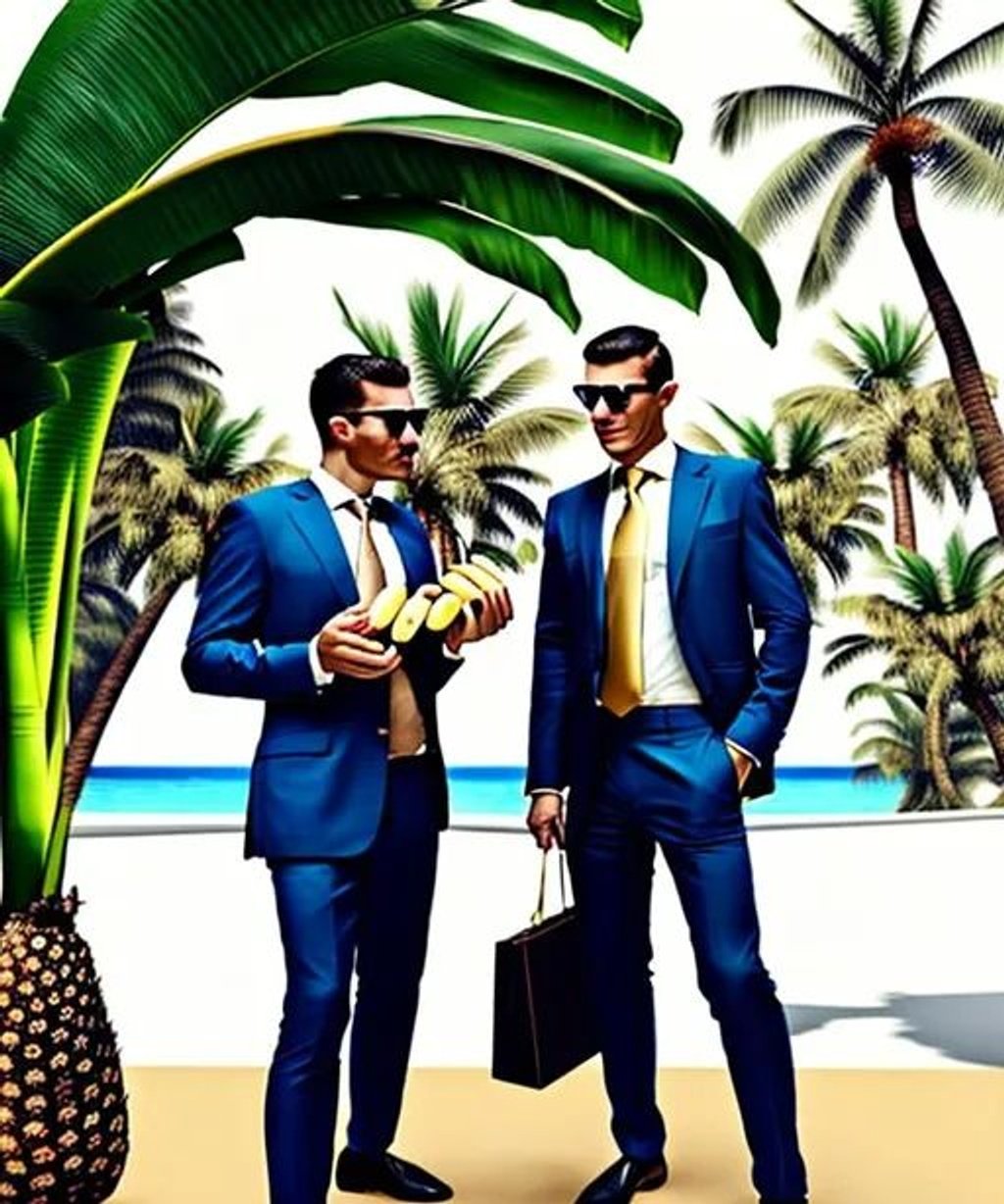 Prompt: Elegant rich business men eat bananas under a palm