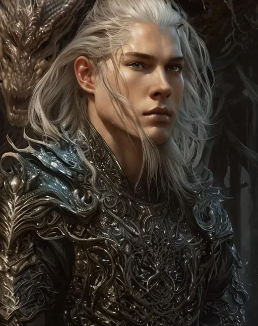 Prompt: white dragon King,young man, beautiful guy with long white platinum hair,  pale skin, black opalescent dragon armor, masculine, hyper realistic, high detail, high contrast, beautiful, volumetric lighting, fantasy, elegant, 16k, realism, art by greg rutkowski, art by tom bagshaw, beautiful painting by daniel f gerhartz