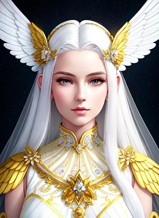 Prompt: Portrait of girl with white hair and with serous face, heaven, perfect composition, hyperrealistic, super detailed, 8k, high quality, trending art, trending on artstation, sharp focus, studio photo, intricate details, highly detailed (((godess))),full body,halo and angle wings  wearing a white dress with yellow highlights and a dimond chock collor