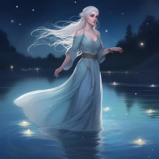 Prompt: DnD a female elf with long white wavy hair in a loose bun and blue eyes wearing a long flowing dress floating in the lake on a starry night