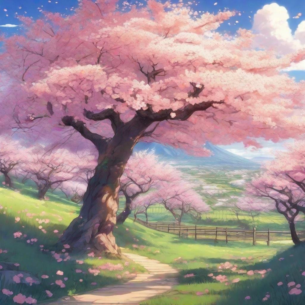 cherry blossom trees with leaves falling in a bit of an anime style with  small japanese style house. | Wallpapers.ai