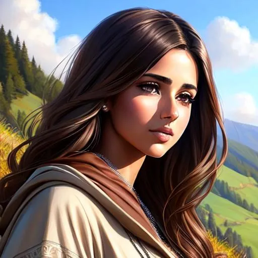 Prompt: Naomi Scott laying on hillside, brown hooded tunic, parted bangs, brown hair, brown eyes, ethereal, jewelry set balayage wild hair, royal vibe, highly detailed, digital painting, Trending on artstation , HD quality, tan skin, Big Eyes,artgerm, by Jim Lee 