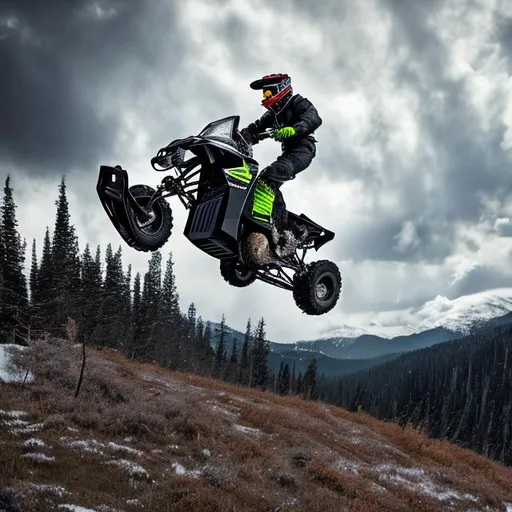 Prompt: a photorealistic image of a snowmobiler doing a wheelie in the mountains with forest and moody cloudy sky in the background