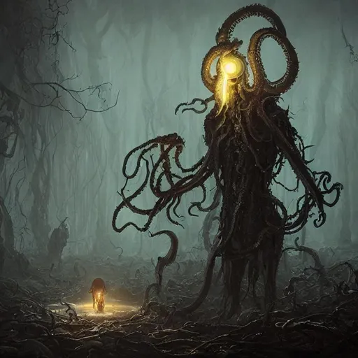 Prompt: dark fantasy, lovecraft horror, squid human hybrid, glowing eyes, giant, 4k, sharp focus, studio photo, intricate details, highly detailed, by greg rutkowski, overgrown post apocalyptic, 
