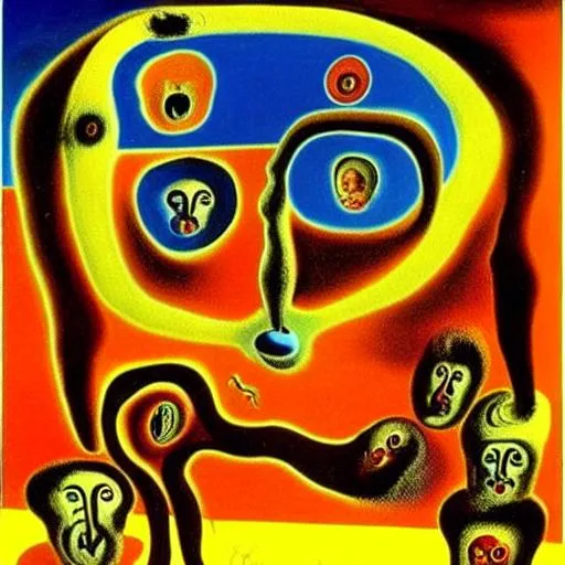 Prompt: Salvador Dali's painting of Picassos "The nine circles of hell" in Triadic color, matted hair, broken body, brains spilling out.