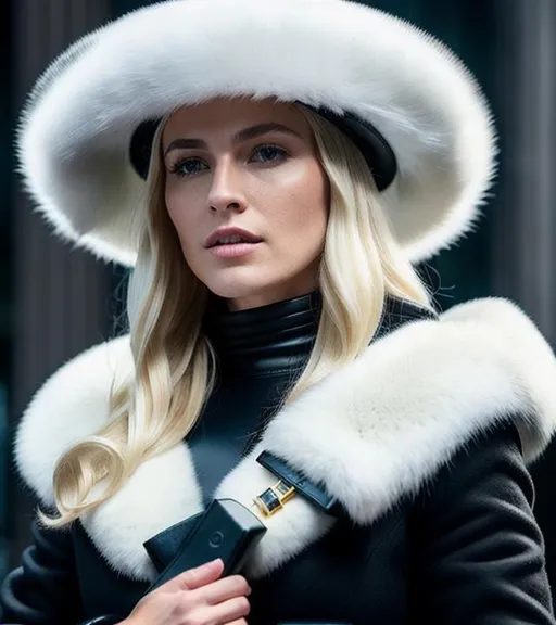 Prompt: 64K UHD HDR Realistic Detailed Photo of Caerula Sanguis wearing a long black coat trimmed with white fur. High Black Pillbox-Type Hat. Shoulder-Length Blonde Hair. Light Yellow Eyes. Octane Render by WETA Digital