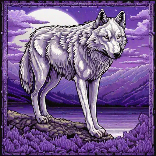 Prompt: pixel art, 32-bit, beautiful {white wolf}, with {silver eyes}, looking at viewer, staring through fourth wall, layers of purple mountain silhouettes, twilight, highly detailed, thin black outline, fantasy magical lake, beautifully detailed shading, high detailed eyes