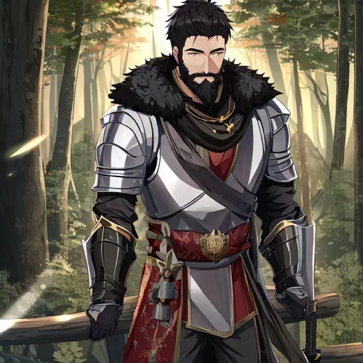 Prompt: male human knight, short Black Hair, medal armer, in the Woods, D&D, beard, sunset