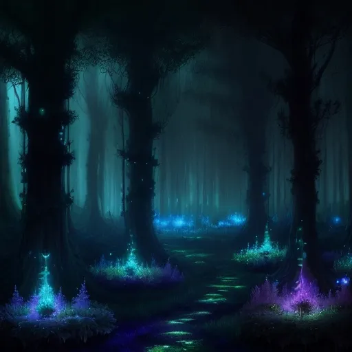 Prompt:  Flowy glowy  Fairy forest with a dark moody sky