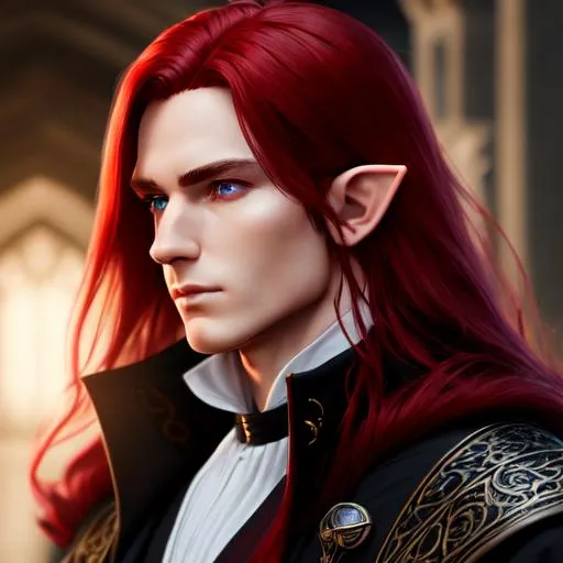 Prompt: male elf in medieval inspector clothes, black trench coat, black overcoat, long red hair standing character model, post render, male redhead elf, detailed face, elegant, mesmerizing , glorious, cinematic light, hd octane render, high resolution scan, masterpiece, hyperrealism, delicate detailed complex, sophisticated, vibrant colors, highly detailed, intricate detailed, volumetric lighting, light reflection