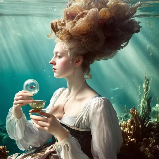 Prompt: woman in 18th century dress underwater having tea.  Hair, flowing fabric, bubbles.