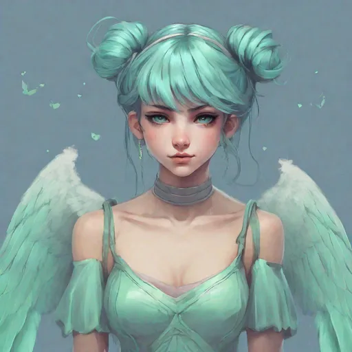 Prompt: A heroine, with mint green ballerina inspired warrior dress, warrior dress, {blue hair} in buns, angel wings