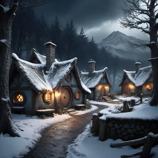 Prompt: Weathered, fantasy RPG style hobbit village in forest, randomly placed various huts, high res, eerie atmosphere, dark mood, heavy snowing, detailed structure, detailed foliage, various trees, high quality, detailed, RPG, fantasy, weathered, atmospheric lighting, diverse trees, rustic, dark blue tones, smoke from chimney, night, dramatic view, seen from distance, winter
