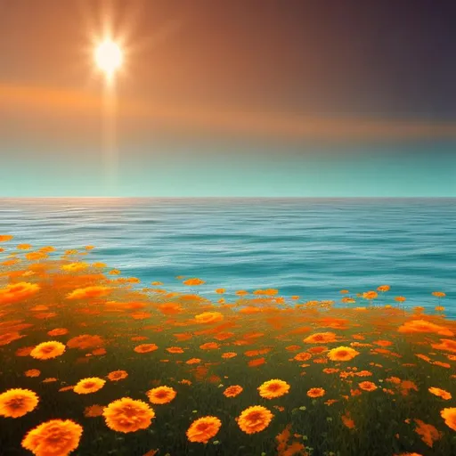 Prompt: tall calendula field leading to horizon of ocean, 3d rendering