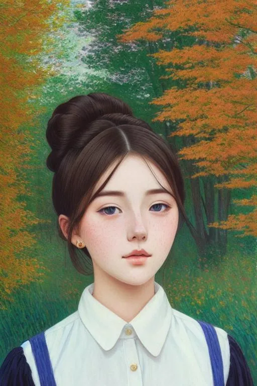 Prompt: Portrait of a schoolgirl with high bun, [freckles], detailed face, button shirt. Autumn forest background. by Ilya Kuvshinov and Botticelli and Monet. honey, dreamy