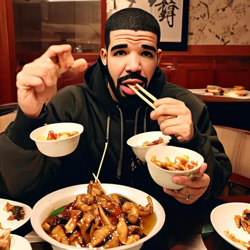 Prompt: drake eats chinese food