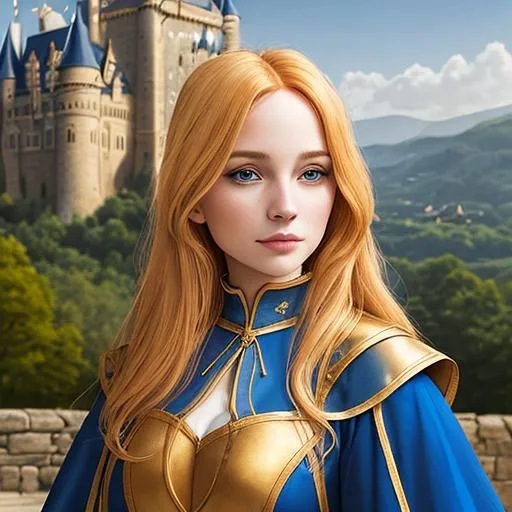 Prompt: Portrait of woman golden hair in blue Medieval dress, castle background