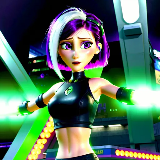 Prompt: Pixar-style illustration of a beautiful woman, white hair undercut on the left side and sidecut on the right side, green glowing eyes, has petite body wearing black crop top shirt and tight black shorts, purple eye shadow and purple lipstick, Purple cyberpunk cropped jacket and high tech shoes, Robotic Left Arm, vibrant and lively colors, detailed and expressive facial features, 3D rendering, playful and whimsical atmosphere, high quality, Pixar style, vibrant colors, detailed expressions, 3D rendering, heartwarming, destroyed city in the background, full body pose in image