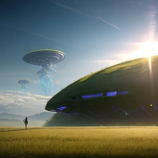 Prompt: 8k portrait of a soft surface futuristic 10 foot alien creature, standing behind someone's house,  concept art, sci fi style art, ibackground, .obj file, high quality render, ultrarealistic floating above a field of grass, abducting humans through a ray of light, high details, wind draft, cinematic style, xfiles, deviantart rendered in unreal engine 5, intricate details