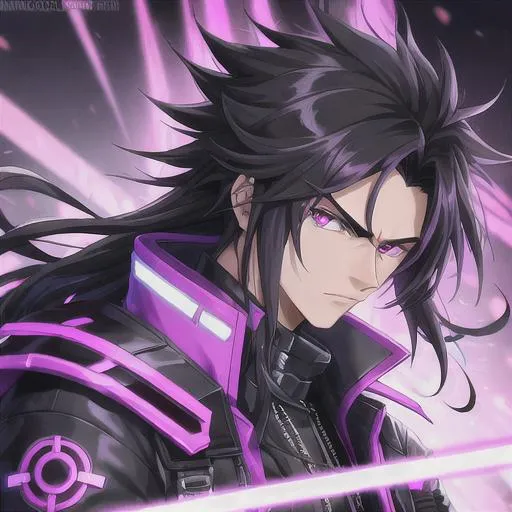 Prompt: cyberpunk, guy, black hair, purple eye, big hair, serious, using jacket black with details purple and black