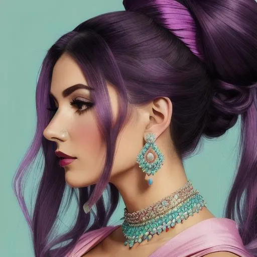Prompt: woman, purple topknot with turqouise jewels, pastel pink background