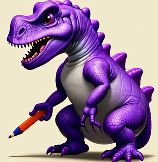 Prompt: Create an image of  a purple  baby dinosaur for a kids illustration book that's sitting and playing with his pencil make it detailed cute trending on artstation and an award winning poster art 