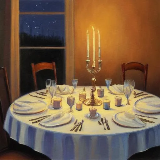 Prompt: A painting of a table set for a candlelit dinner at night