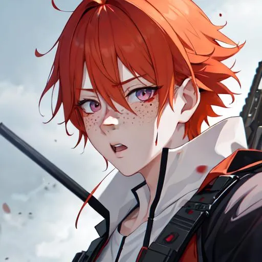 Prompt: Erikku male adult (short ginger hair, freckles, right eye blue left eye purple) UHD, 8K, Highly detailed, insane detail, anime style, covered in blood, psychotic, pointing a shotgun straight at the camera