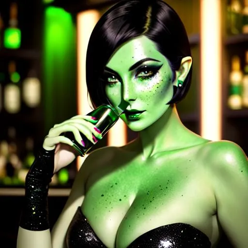 Prompt: A beautiful emerald skinned orion extraterrestrial alien lady from star trek with short black hair and green skin, black lips, green face, black fingernails, green body, freckles, green hands, green fingers, green arms, green shoulders, drinking in the bar, black dress, drunk face, calm face, naughty eyes and mouth, 8k, highres, realistic body , highly detailed face, full body, beautiful detailed, cinematic lighting, by wlop, (by Mandy Jurgens ),  trending on artstation, dark background 