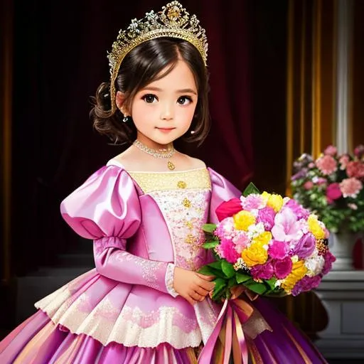 Prompt: sweet 5 year old girl wearing royal costume and holding a large flower, soft pastel color, detailed, 8k
