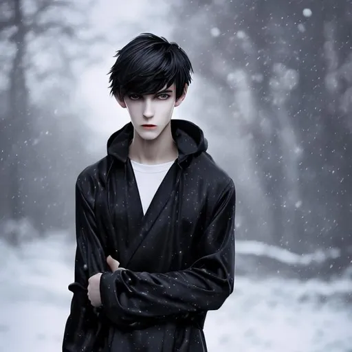 Prompt: short, slender, handsome teenage-boy, medium centered shot, raven black-hair, black eyes, 1536x864, striking dark eyes, Snowy winter, raining fire, night-time, deep shadows, porcelain skin, high-sleeve simple silk black short robe tied around waist, light soft black silk shoes, realistic, long hair, sleeveless, melancholy
