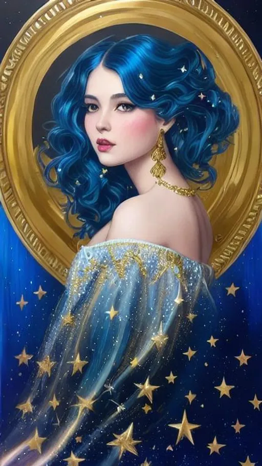 Prompt: a beautiful girl on a dark blue background with gold stars in her hair, shimmer, glow, stars, wavy hair, euphoria makeup, highly detailed girl by artgerm and Edouard Bisson, highly detailed oil painting, portrait of a beautiful person, art by Stanley Artgerm, Charlie Bowater, Atey Ghailan and Mike Mignola,