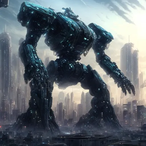 Prompt: Sci fi huge massive gargantuan mech. Japanese style Cityscape background. HAS HANDS