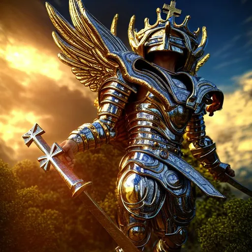 Prompt:  Extremely detailed godly armor, HDR, UHD, 64K, highly detailed ultimate winged king holding realistic big cross, rhads, global illumination, forest, akira toriyama, crystals explosion 